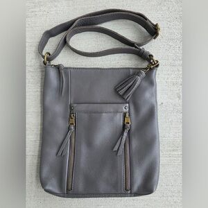 The Sak Collective Gray Leather Crossbody Shoulder Bag Tassel – 11” x 11.5”